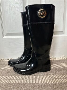 Michael Kors Black Tall Rain Boots with Gold MK Emblem